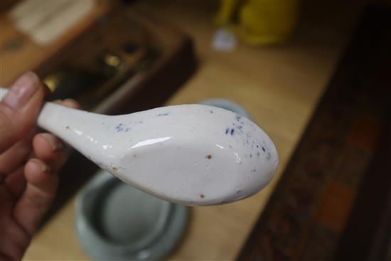 Two Chinese porcelain censers, a yellow glazed cat and a blue and white spoon warmer